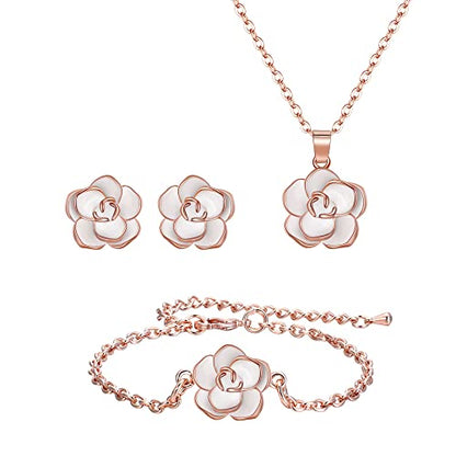 EleQueen Rose Flower Necklace Earrings Bracelet Set for Women - color: White-Rose Gold