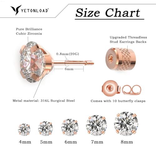 5-6 pairs Push-in Flat Back Stud Earrings Hypoallergenic Surgical Stainless Steel Cubic Zirconia Earrings Studs Set Multi-Pack, CZ Stud Earrings for Women Men Trendy Cartilage Stud Earrings 2-8mm - color: rose gold-4/5/6/7/8mm
