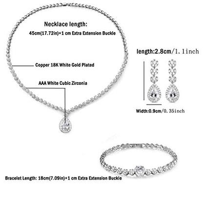 Jewelry Set for Women, Necklace Dangle Earrings Bracelet Set with White AAA Cubic Zirconia, Allergy Free Wedding Party Jewelry for Bridal Bridesmaid - color: Necklace + Earrings-Bracelet-flower