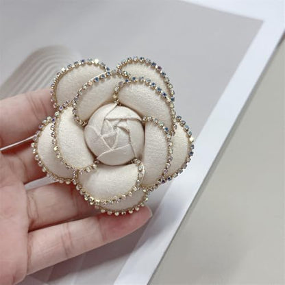 Dainty Crystal Camellia Flower Brooch Pin for Women Rhinestone Fabric 3D Floral Blossom Brooches Lapel Hair Pins Elegant Wedding Anniversary Dress Accessories Jewelry Gift 6.5cm/2.5in - color: Beige