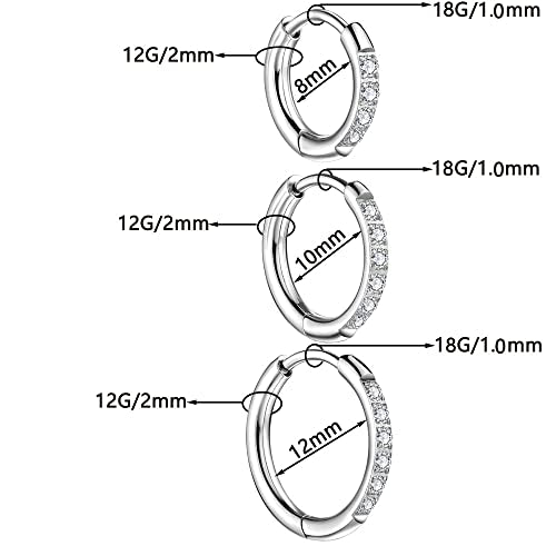 3 Pairs Huggie Hoop Earrings,Cartilage Hoop Earring Cubic Zirconia Cuff Surgical Stainless Steel Earrings - color: Silver CZ Hoop/stud earring