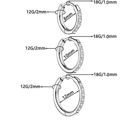 3 Pairs Huggie Hoop Earrings,Cartilage Hoop Earring Cubic Zirconia Cuff Surgical Stainless Steel Earrings - color: Silver CZ Hoop/stud earring