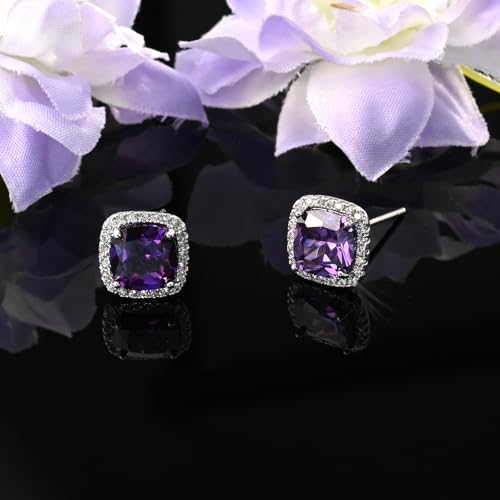 Square Cubic Zirconia Earrings Stud 7mm Birthstone Studs Earrings Hypoallergenic Princess Cut Earrings 925 Sterling Silver Post Studs Earrings for Women - color: amethyst