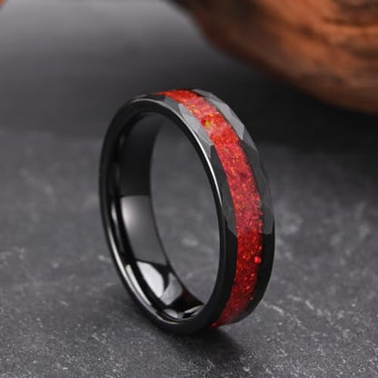 Tungsten Rings for Men Women 8mm/6mm Hammered Wedding Bands | Black and Red Men's Engagement Rings Inlaid with Red Opal High Polish, suitable for couples' anniversaries and everyday wear - color: 6mm black and red