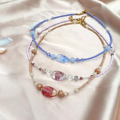 Beaded Necklaces for Women Summer Beach Beaded Necklace Bead Choker Boho Necklaces for Women Handmade Summer Jewelry Stainless Steel 18K Gold Plated - color: Beige