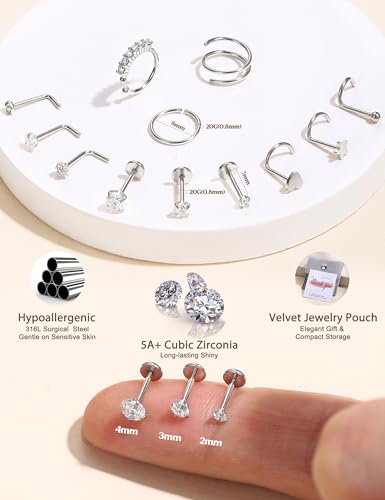 JeryWe Nose Rings for Women - 14K Gold Filled Hypoallergenic Surgical Steel Nose Ring Hoops CZ Lip Ring Screw L Shaped Studs Threadless Flat Back Stud Nose Piercings Jewelry for Women Men - style: Steel-CZ
