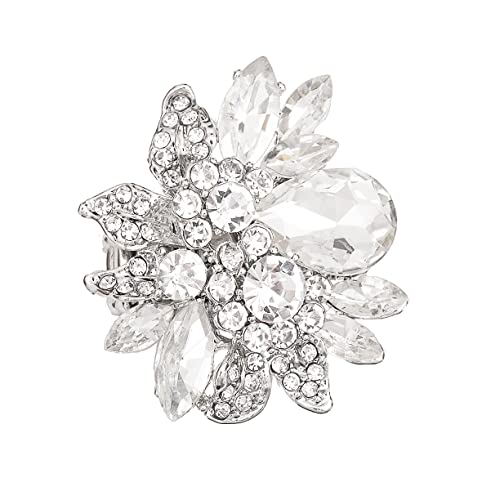 CSY Luxury Froral Cocktail Statement Rings Stretch Adjustable Ring | Gorgeous Women's Austrian Crystal Leaves Flower Big Cocktail Statement Rings Stretch Adjustable Ring Jewelry Accessories - color: White Crystal