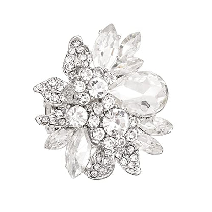 CSY Luxury Froral Cocktail Statement Rings Stretch Adjustable Ring | Gorgeous Women's Austrian Crystal Leaves Flower Big Cocktail Statement Rings Stretch Adjustable Ring Jewelry Accessories - color: White Crystal