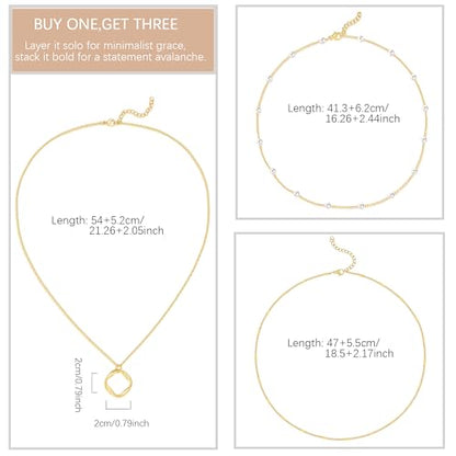 Evabelle Gold Layered Necklace for Women Trendy Jewelry 14K Real Gold Plated Chunky Chain Stackable Necklaces Dainty Choker Necklaces Rectangle Square Pendant - color: Gold Necklace 04