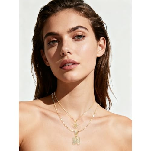 2PCS Initial Necklaces for Women, 14K Gold Plated Letter Pendant Set | Trendy Layered Bling Style, Meaningful Letter & Round CZ Pendant Design - color: Gold, style: Letter P