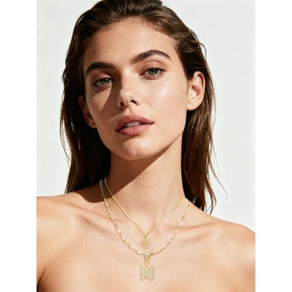 2PCS Initial Necklaces for Women, 14K Gold Plated Letter Pendant Set | Trendy Layered Bling Style, Meaningful Letter & Round CZ Pendant Design - color: Gold, style: Letter D
