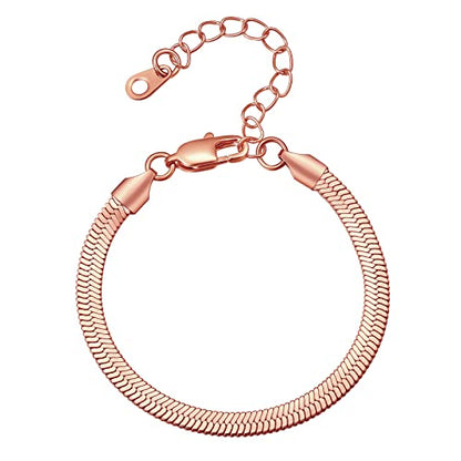 FindChic Elegant Herringbone Snake Chain Anklets/Bracelets 3MM/5MM Width Stainless Steel/18K Gold/Rose Gold Plated/Black 4 Color Options, 8.3'' 8.5'' 10.5'' Length, with Gift Box - color: B: 5mm 6.3'' bracelet (Rose Gold Plated)