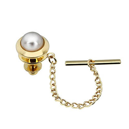 AMITER Crystal/Pearl Tie Tack with Chain, Gold Mens Tie Pin Necktie Pins Lapel Pin for Wedding Birthday Anniversary Party - color: 24k Gold+Silver Imitation Pearl