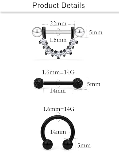 Cisyozi 16G 14G Nipple Piercing Jewelry Tongue Rings Hypoallergenic Surgical Steel Screw Nipple Tongue Shield Ring Barbell Body Piercing Jewelry Retainer for Women 9/16 Inch 14mm - color: B:14G(1.6MM)-8Pairs - Black