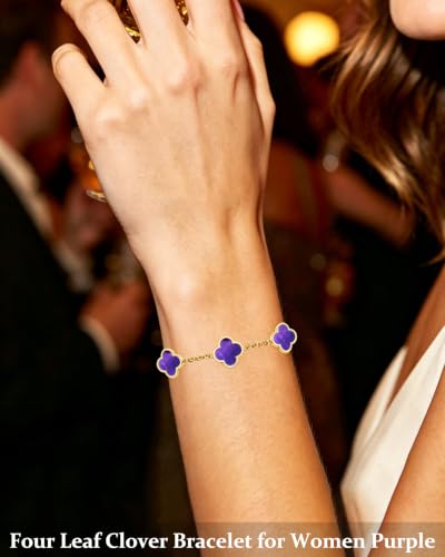 Four Leaf Clover Bracelet for Women 18K Gold Plated Stainless Steel 4 Leaf Link Chain Adjustable Bracelets Lucky Gift for Women/White/Black/Rich Red/Emerald Green/ Navy Blue/Pink Bracelets - color: Purple/Gold