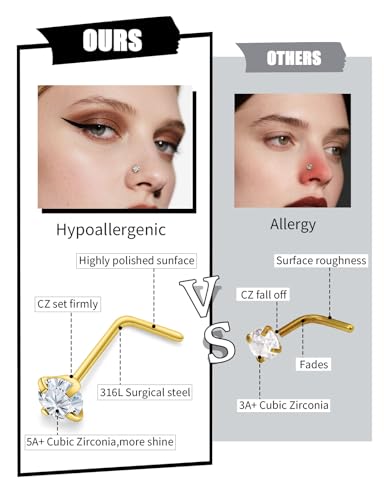 18G 20G 22G Round Cubic Zirconia Nose Rings Studs for Women Men 316L Stainless Surgical Steel Nose Ring Stud Piercing Jewelry Silver Gold Clear CZ 1.5mm 2mm 2.5mm 3mm - style: 24G (Thin) L Shaped Gold