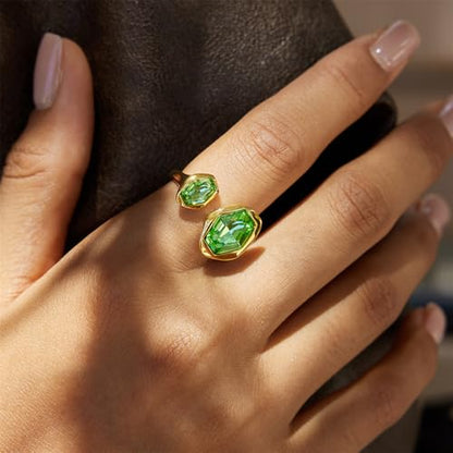 18k Gold Plated Green Crystal Geometry Ring for Women Stainless Steel Chunky Sparkly Cubic Zirconia Hexagon Stackable Statement Adjustable Open Finger Band Rings Comfort Fit Holiday Party Jewelry