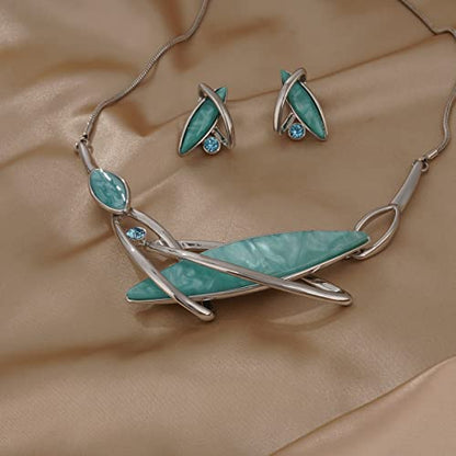 AMYJANE Vintage Statement Jewelry Set - Spring Leaf Flower Floral Plant Necklace Earring Set Crystal Rhinestone Fashion Costume Jewelry for Women Prom Party Unique Gift - style: ML Geometric Jewelry Set-Aquamarine