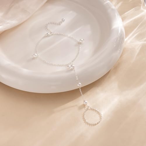 Gold Pearl Hand Chain Bracelet for Women, Adjustable Ring Chain | 14K gold-plated hand chain with pearl accents, adjustable for weddings, parties, birthdays, and daily wear - color: Pearl Chain Bracelet-SL
