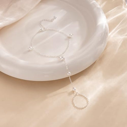 Gold Pearl Hand Chain Bracelet for Women, Adjustable Ring Chain | 14K gold-plated hand chain with pearl accents, adjustable for weddings, parties, birthdays, and daily wear - color: Pearl Chain Bracelet-SL