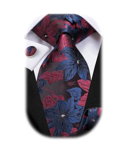 Dubulle Mens Paisley Striped Tie Woven Necktie for Men and Handkerchief Cufflinks Set Wedding Formal Business - color: Blue Burgundy