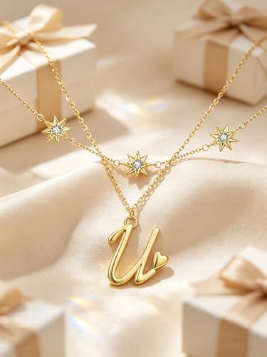 14K Gold A-Z Initial Lette Necklace Star Choker Women Necklace | Personalized Initial Jewelry, Meaningful Name Letter Gift for Women Wife Mom Friend, Perfect Present For Birthday/Anniversary - style: 14K Gold-U