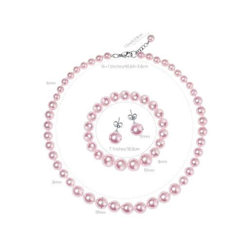 Faux Pearl Jewelry Set for Women, 3 Piece Necklace Bracelet Earrings | Glass Material, Adjustable Comfortable Fit, Party & Prom Accessory - style: Pink 16 inches