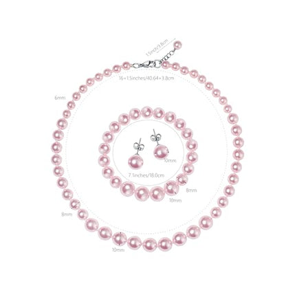 Faux Pearl Jewelry Set for Women, 3 Piece Necklace Bracelet Earrings | Glass Material, Adjustable Comfortable Fit, Party & Prom Accessory - style: Pink 16 inches