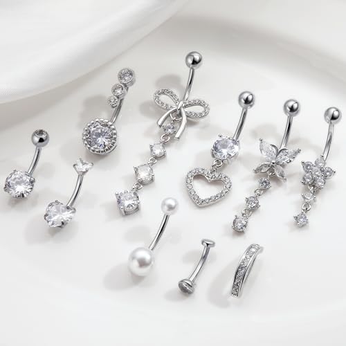 BSJ4U 10 Pcs Gold Plated Silver Belly Button Ring Dangle Hypoallergenic Surgical Stainless Steel Belly Rings for Women CZ Floating Clicker Heart Pearl Bow Flower Butterfly Navel Piercing Jewelry Dangly Navel Ring - color: Silver Belly Button Ring