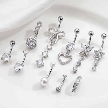 BSJ4U 10 Pcs Gold Plated Silver Belly Button Ring Dangle Hypoallergenic Surgical Stainless Steel Belly Rings for Women CZ Floating Clicker Heart Pearl Bow Flower Butterfly Navel Piercing Jewelry Dangly Navel Ring - color: Silver Belly Button Ring