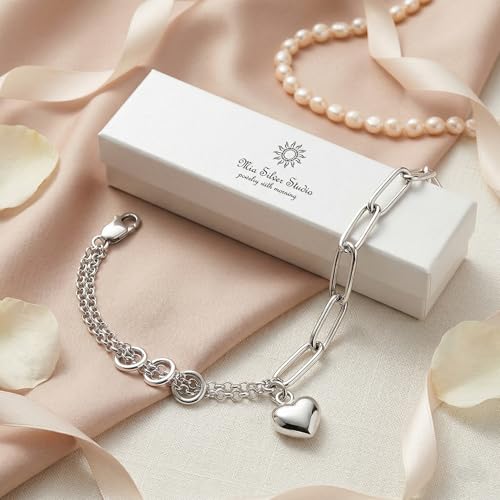 925 Sterling Silver 6mm Paperclip Bracelet for Women with Heart Charm - Mixed Link Chain Design, Lobster Clasp, Size 7" 8" 9", Gift Box - size: Large - 9 Inches