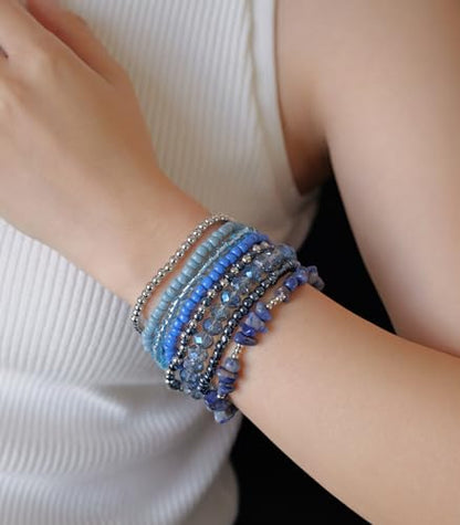 Noessla Boho Beaded Bracelets for Women Stackable Irregular Natural Stone Bead Stretch Bracelet Set 8PCS Costume Jewelry Gifts for Her - color: Navy Blue