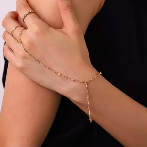 Dainty Gold Hand Chain Bracelet,18K Real Gold Plated Minimalist Handmade Beaded Finger Chain Bracelets for Women - color: Satellite
