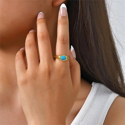 HIJONES Women's Stainless Steel Oval Opal Gemstone Dome Stacking Signet Ring Charming Wedding Jewelry - color: Blue Stone