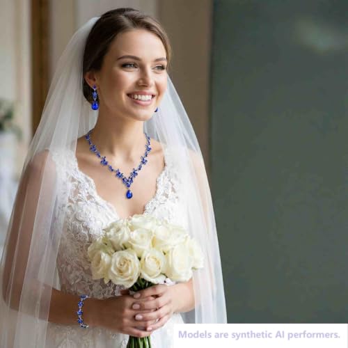 Kamirola Bridal Jewelry Set, Jewelry Set for Women, Necklace Dangle Earrings Bracelet Set, White Gold Plated (TR76) - color: Blue