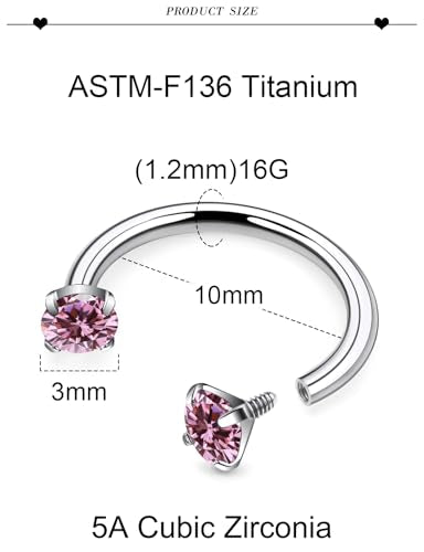16G F136 Titanium Internal Thread Horseshoe Septum Nose Ring Piercing Jewelry Circular Barbell Helix Snug Tragus Rook Daith Cartilage Earring Lip Ring Piercing Jewelry for Women Men 8MM 10MM - style: 16G, 10MM Length, Pink CZ
