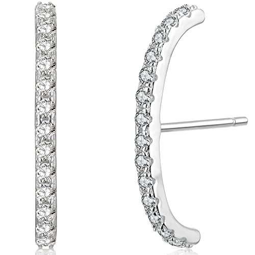 18K Gold Plated Sterling Silver Paved Gemstone Curved Bar Ear Cuffs Suspender Earrings CZ Huggie Earrings - color: Rhodium Plated