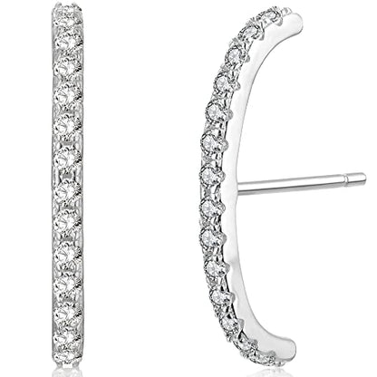 18K Gold Plated Sterling Silver Paved Gemstone Curved Bar Ear Cuffs Suspender Earrings CZ Huggie Earrings - color: Rhodium Plated