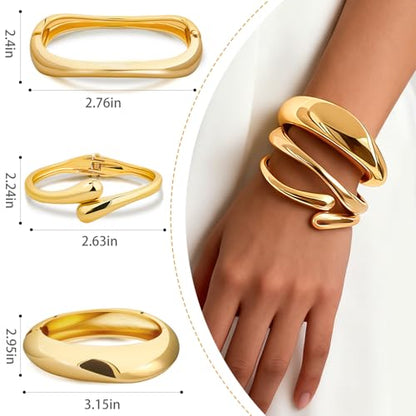 Chunky Gold Bangle Bracelets for Women, 3PCS Dainty Gold Plated Cuff Bracelet Big Stackable Bangles Set, Trendy Statement Chunky Bracelet Stack Fashion Jewelry Gifts