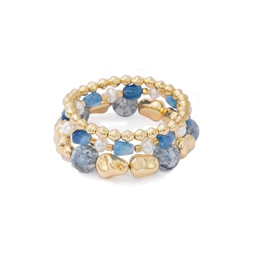 Boho Beaded Stretch Bracelets For Women Stackable Crystal Gold Plated Beaded Bracelets Set Trendy Handmade Friendship Braeclet Jewelry Gifts - color: L-Blue gold 3pcs