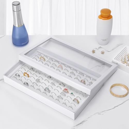 KUKUVR 100 Slots Ring Earring Holder Display Case (White) | Velvet, Clear Lid, Ring Earring Storage Organizer Box Tray, for Women and Selling Show - color: White