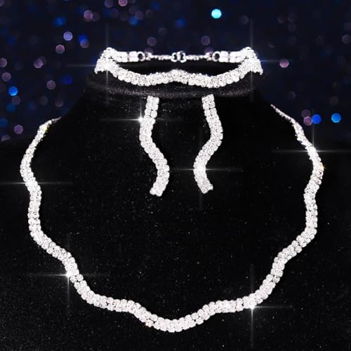 Aukmla Rhinestones Bridal Wedding Jewelry Set Choker Necklaces Earrings Bracelet Sets Prom Jewelry for Women and Brides - color: Silver