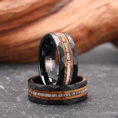 Tungsten Carbide Rings for Men 8mm Black Hammered Whiskey Barrel Wood & Elk Antler Inlay Men's Engagement Wedding Bands Matte Brushed - color: 8mm black Hammered