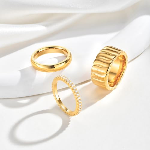 KSF 2Pcs / 3Pcs / 4Pcs Stackable Rings for Women, Gold and Silver Plated Stack Ring Set for Everyday Wear, Gift for Her - color: Yellow Gold-Wide 3pcs
