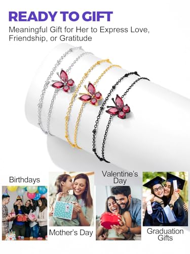 Richsteel Double Layer Heart/Butterfly Birthstone Anklet for Women | Non Tarnish Waterproof, Silver/Gold/Black Stainless Steel 8.5-10.5 Inch Adjustable Chain Anklets Summer Beach Foot Jewelry - color: Black Butterfly-07 Jul.(Ruby)