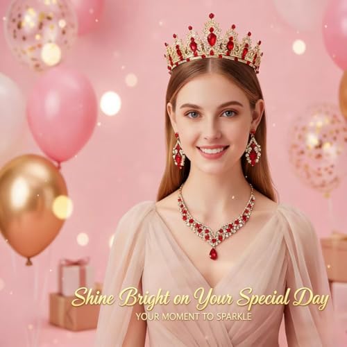 Tiaras and Crowns for Women,Tiaras Earrings Necklace, Crystal Bridal Jewelry Set - color: Gold Red