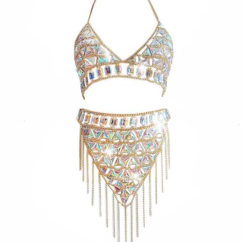 Rhinestone Body Chain Suit Boho Waist Belly Chain Skirt Crystal Body Chain Bra top Festival Jewelry for Women and Girls (Ⅰ) - color: Ⅰ