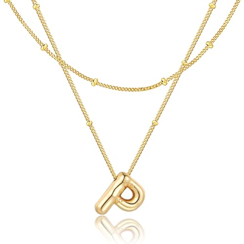 Bubble Letter Necklace for Women, 14k Gold Plated Initial Letter Pendant Necklace Personalized Jewelry A - Z 26 letters - style: Gold-P