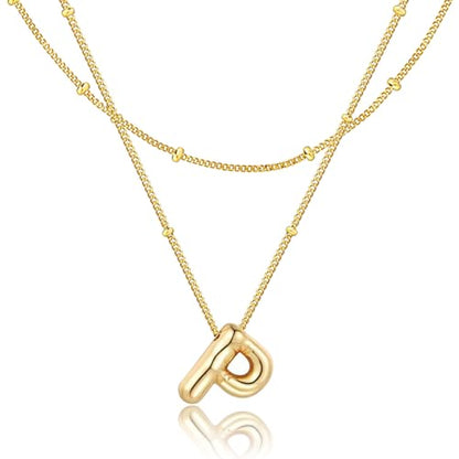 Bubble Letter Necklace for Women, 14k Gold Plated Initial Letter Pendant Necklace Personalized Jewelry A - Z 26 letters - style: Gold-P
