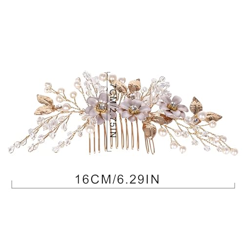 Flower Leaf Design Wedding Hair Comb, Metal Bridal Hair Accessory with Rhinestone, Wedding Prom Hair Clip Headpiece for Women (Gold Flower) - color: Gold Flower